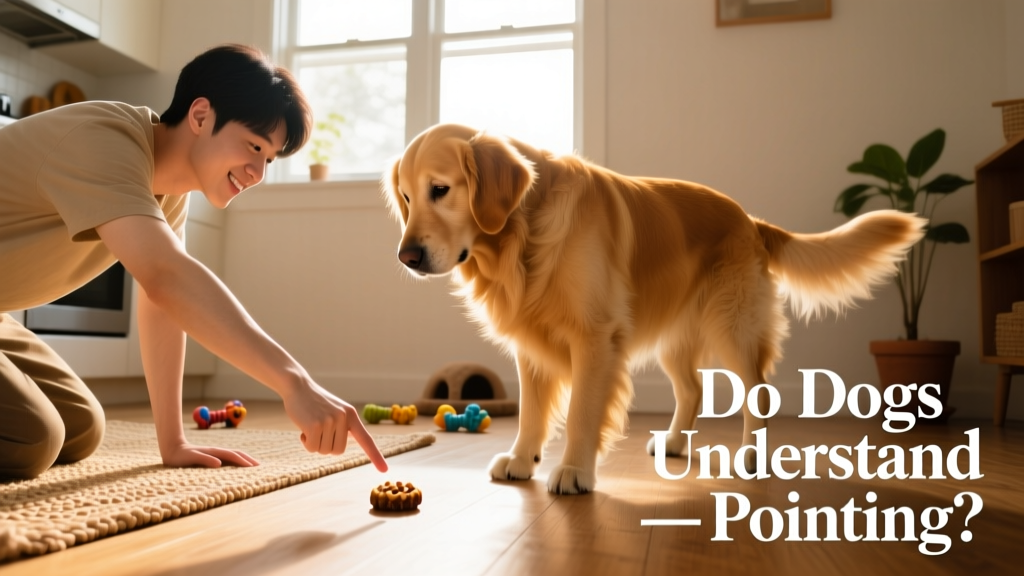 A person gently pointing toward a treat on the floor while their dog watches attentively