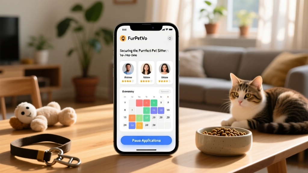 Screenshot showing a FurPetVo dashboard with sitter application cards, calendar view, and 'Pause Applications' button