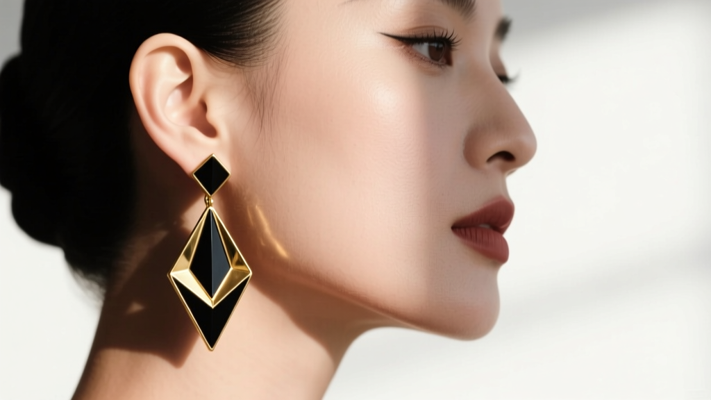 Side profile of a woman wearing converted vintage Art Deco geometric drop earrings, highlighting the earlobe and jawline in soft daylight