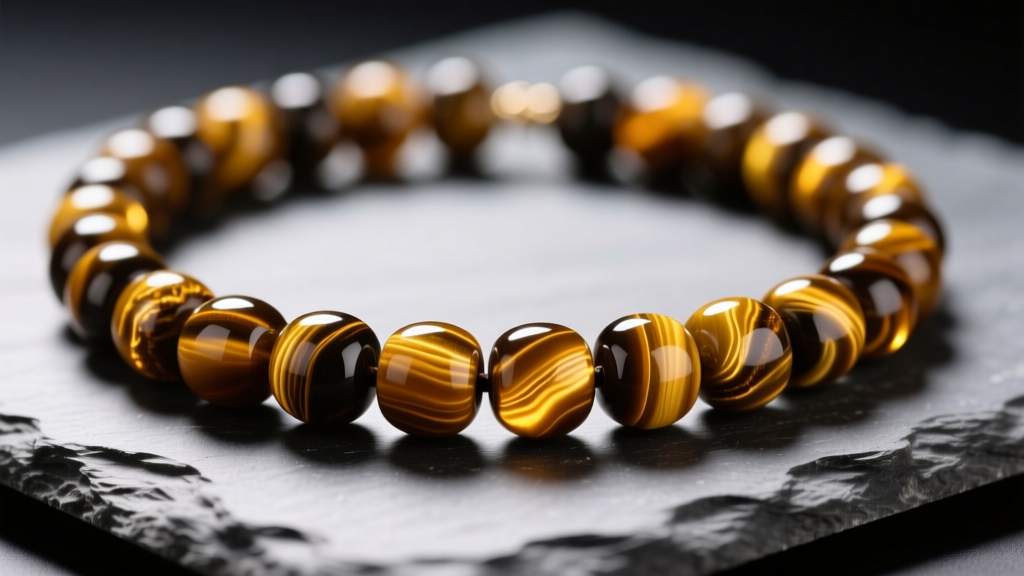 Macro view of tiger eye beaded necklace on slate, showing golden chatoyancy and fibrous inclusions under soft directional light.