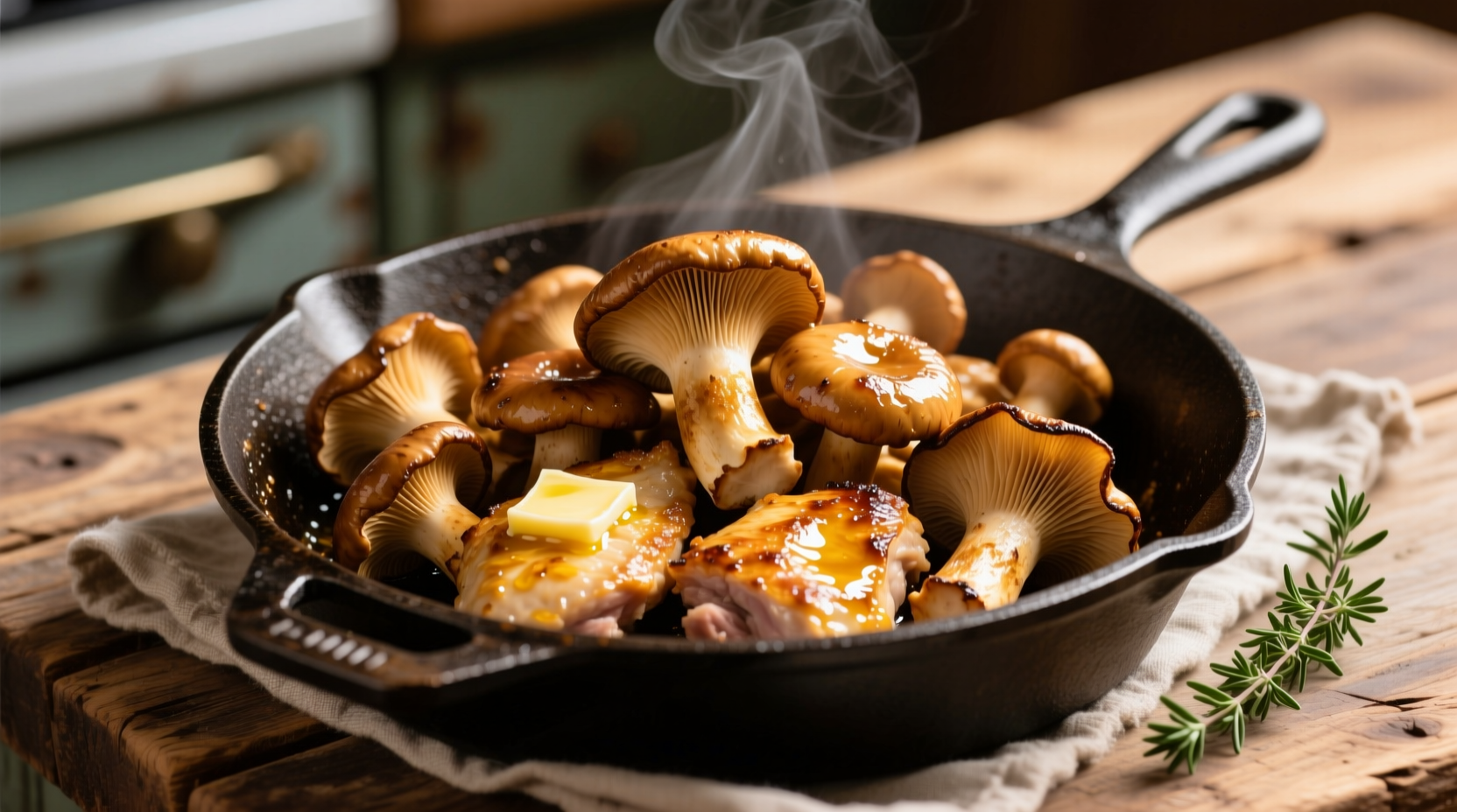 Perfectly sautéed chicken of the woods mushrooms in cast iron skillet