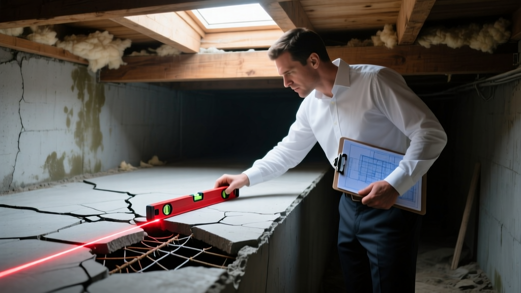Structural engineer inspecting a cracked concrete slab foundation with a laser level and clipboard in a dimly lit residential crawl space