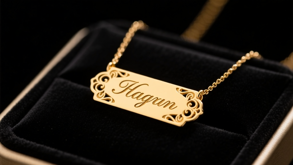 Close-up of a delicate 14k yellow gold custom nameplate necklace on dark velvet display under soft, warm studio lighting.