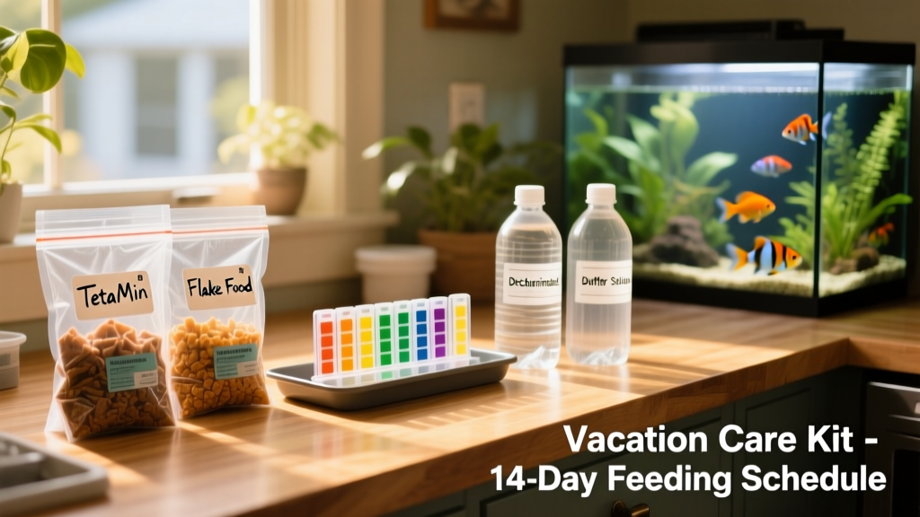 Organized aquarium supply station with labeled food bags, test kits, and water bottles