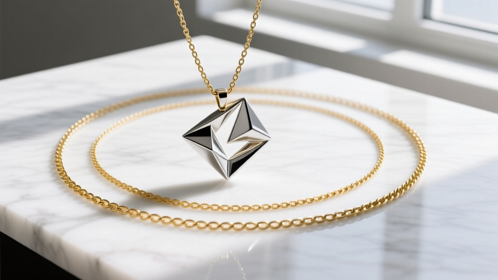 Flat-lay showing a delicate 18-inch gold chain layered with a heavy, kinetic silver Klaus sculptural pendant on white marble.