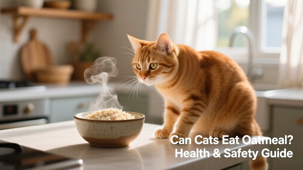 A small ceramic bowl with plain, cooked oatmeal beside a curious cat looking on