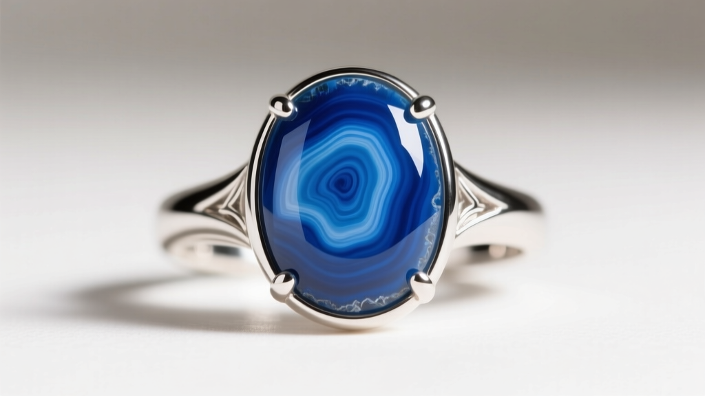 Macro photography of a polished blue lace agate cabochon set in a sterling silver bezel ring, showing intricate banding