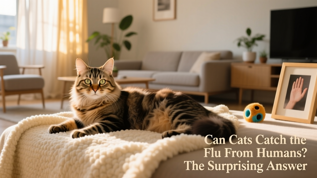 A relaxed indoor cat resting on a soft blanket, looking healthy and content