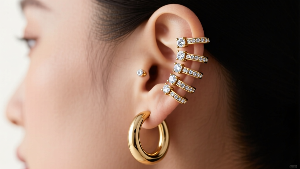 Side profile of an ear stack with 8mm 16-gauge white gold gem hoop earrings on the helix and larger 20mm gold hoops on the lobe