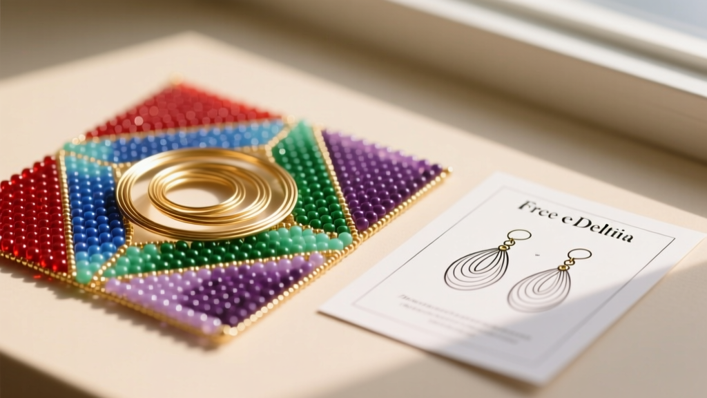 Close-up of a beading mat with Miyuki Delica seed beads, 24-gauge gold wire, and a printed free earring pattern tutorial
