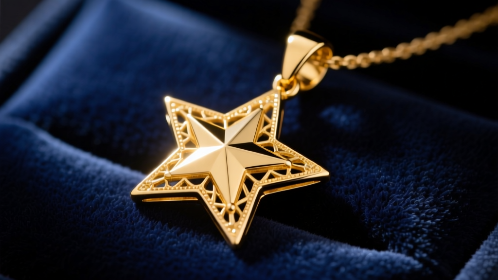 Solid 14k yellow gold star pendant on dark velvet, highlighting polished edges and casting details under warm studio lighting.