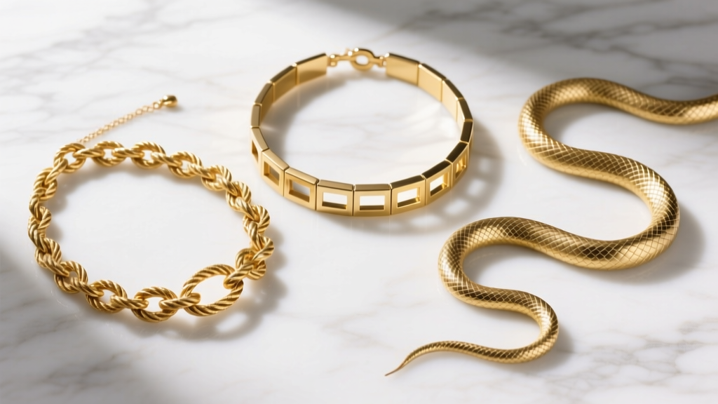 Flat lay of three gold belly necklaces in rope, box, and snake styles on white marble, comparing link density and fabric drape.
