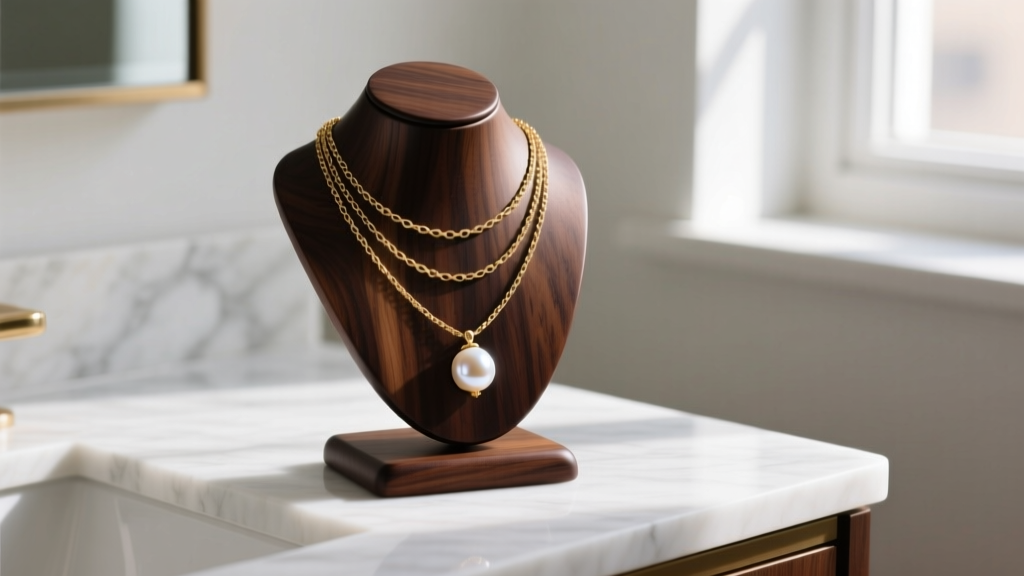 Dark walnut wooden necklace stand displaying layered gold chains and a heavy pearl pendant on a brightly lit marble vanity top.