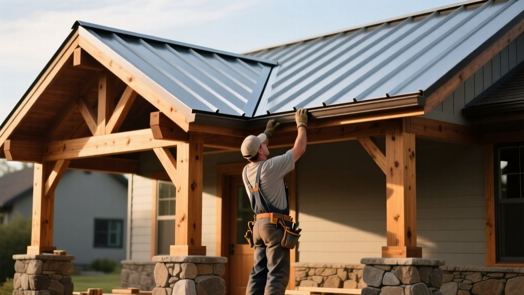 Carpenters installing a standing seam metal roof on a newly framed craftsman-style front porch with cedar columns and stone base