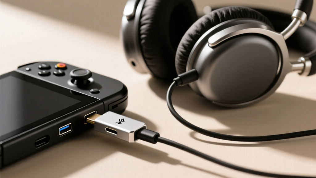 Close-up of a portable Bluetooth DAC dongle plugged into a handheld console, driving high-impedance studio headphones.