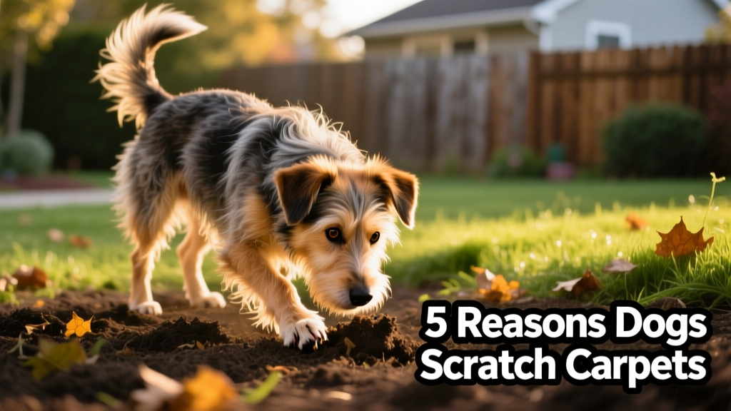 A dog digging gently in soft soil outdoors, tail up, ears alert