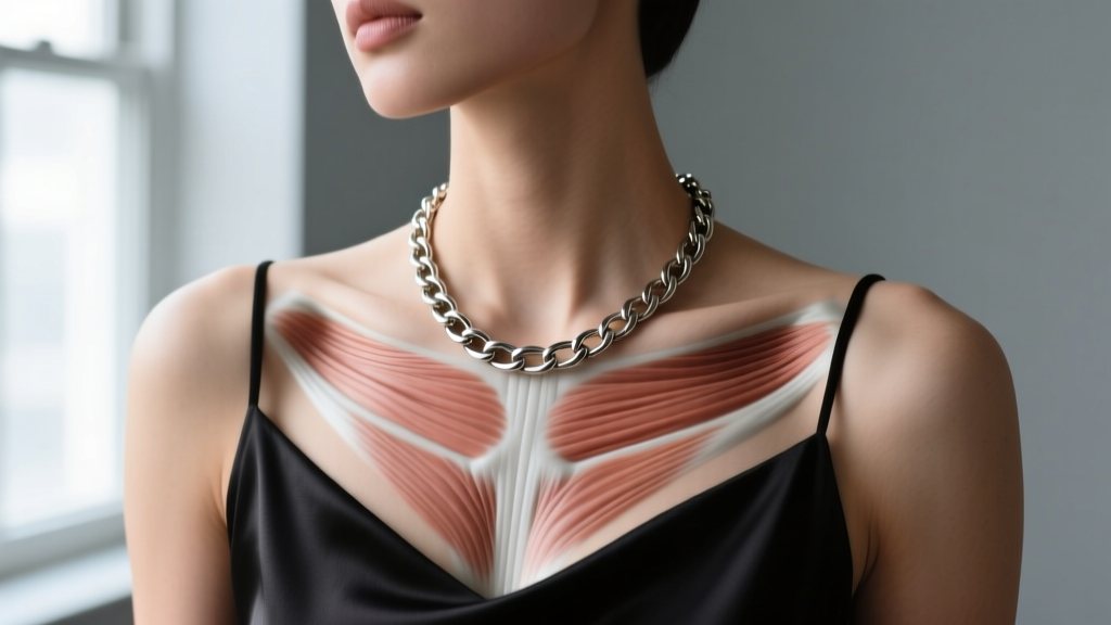 Diagram of a 25mm Franco chain necklace on a neck, illustrating weight distribution across the trapezius muscle group
