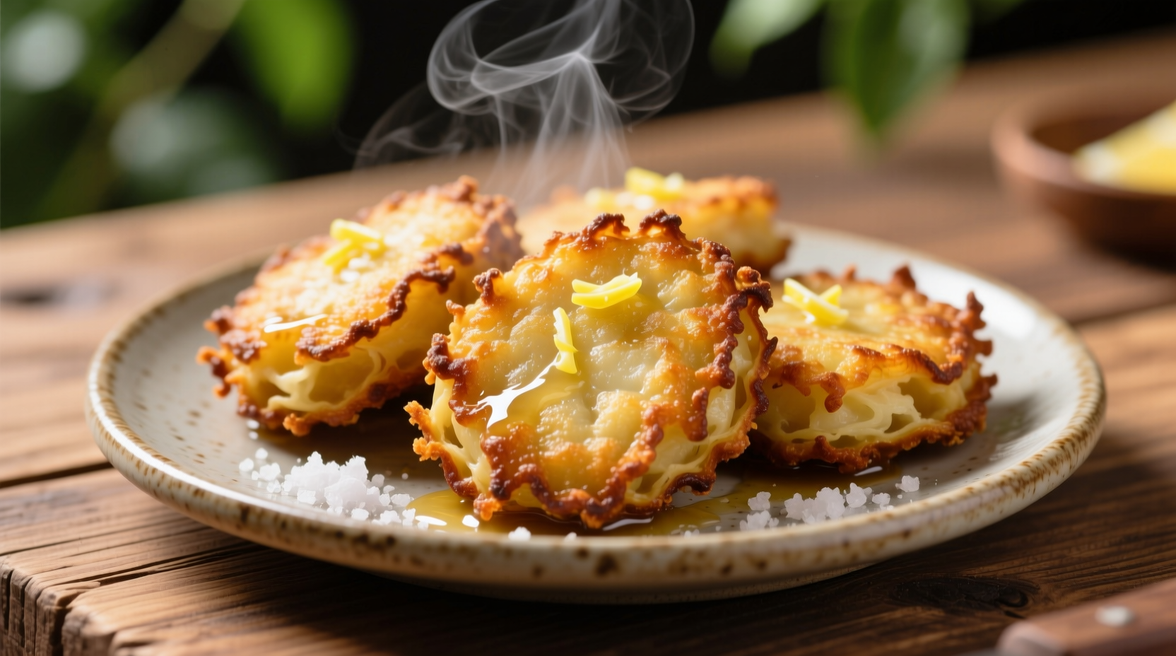 Golden brown potato fritters with crispy edges