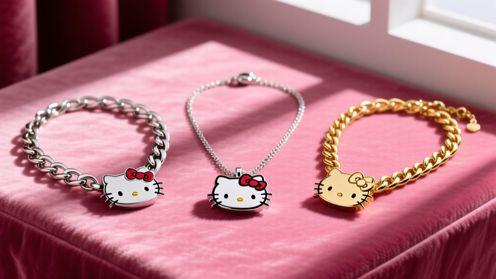 Flat lay of three Hello Kitty chain necklaces on pink velvet, showcasing alloy, sterling silver, and gold-plated variations.