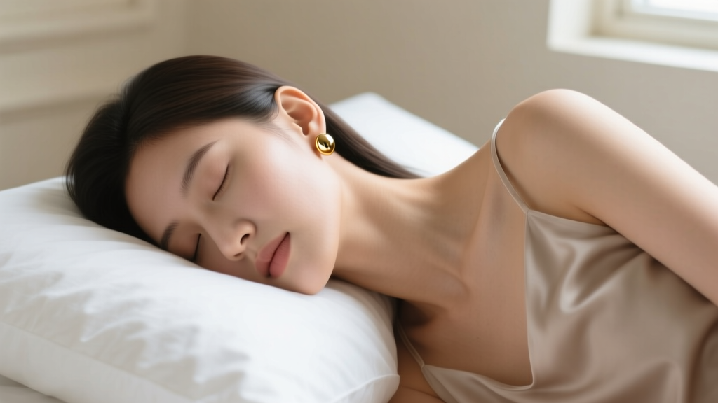 Side profile of a woman sleeping comfortably on a white pillow wearing small 8mm 18-gauge gold sleeper earrings in her lobes.