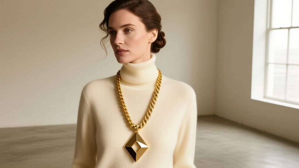 Woman in cream cashmere turtleneck wearing a 24-inch gold rope chain and heavy geometric pendant in soft natural light