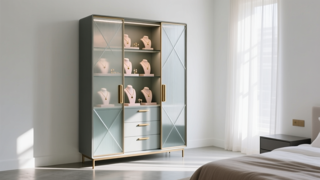 Full shot of a sleek modern tall jewelry armoire with fluted glass doors and matte brass handles in a sunlit minimalist bedroom.