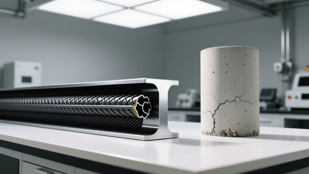 Cross-section of carbon fiber rebar next to a steel I-beam and ultra-high performance concrete cylinder in a testing lab