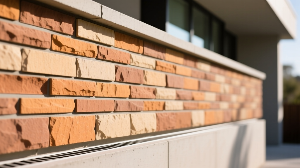 Exterior wall featuring warm-toned manufactured wall stone veneer with tight mortar joints installed above a concrete weep screed