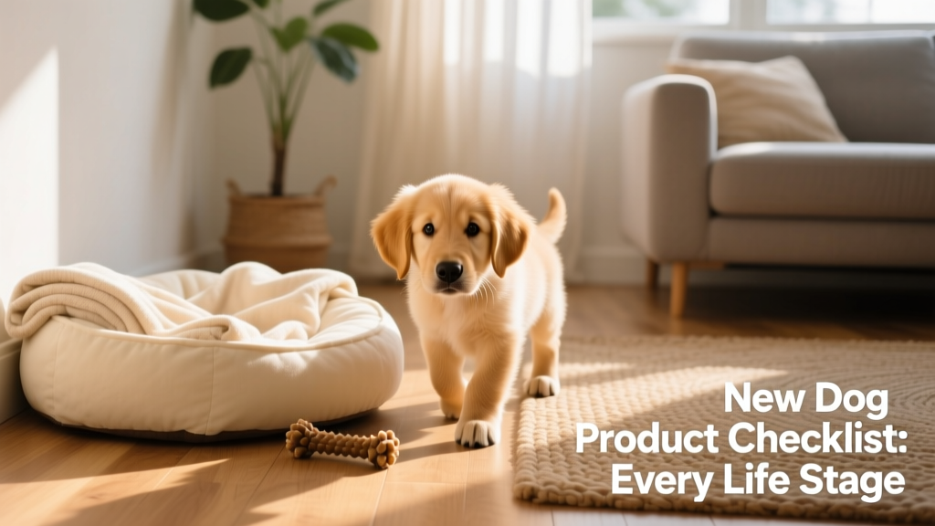 A calm, curious puppy exploring a cozy corner of a sunlit living room with a soft bed and chew toy nearby