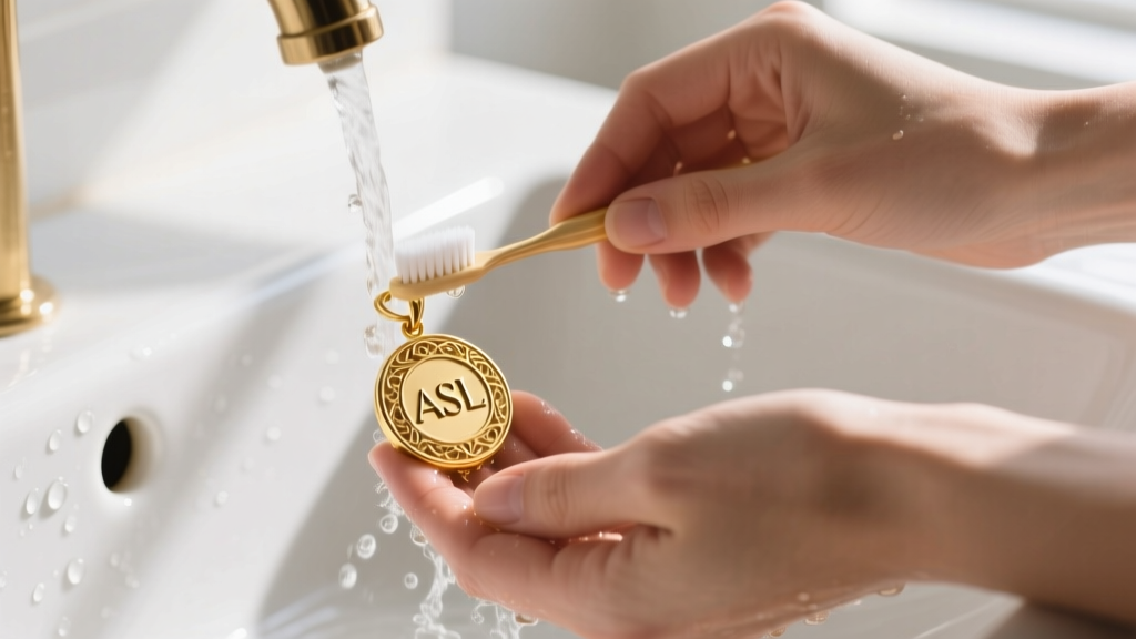 Hands brushing a gold vermeil ASL pendant with a soft toothbrush under warm running water in a white ceramic sink.