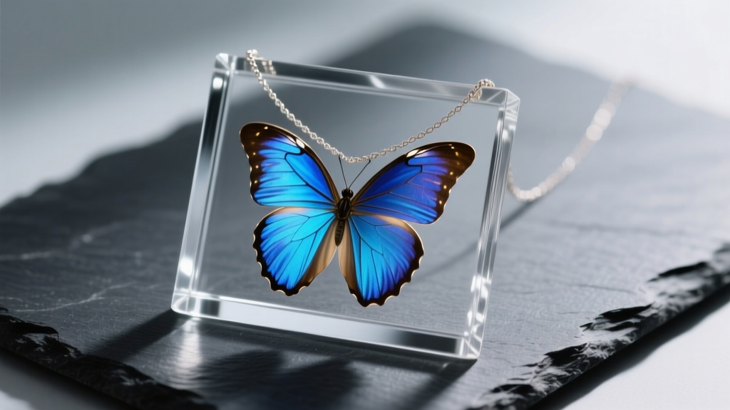 Close-up of a real blue Morpho butterfly wing necklace encased in polished glass, resting on dark slate with soft lighting.
