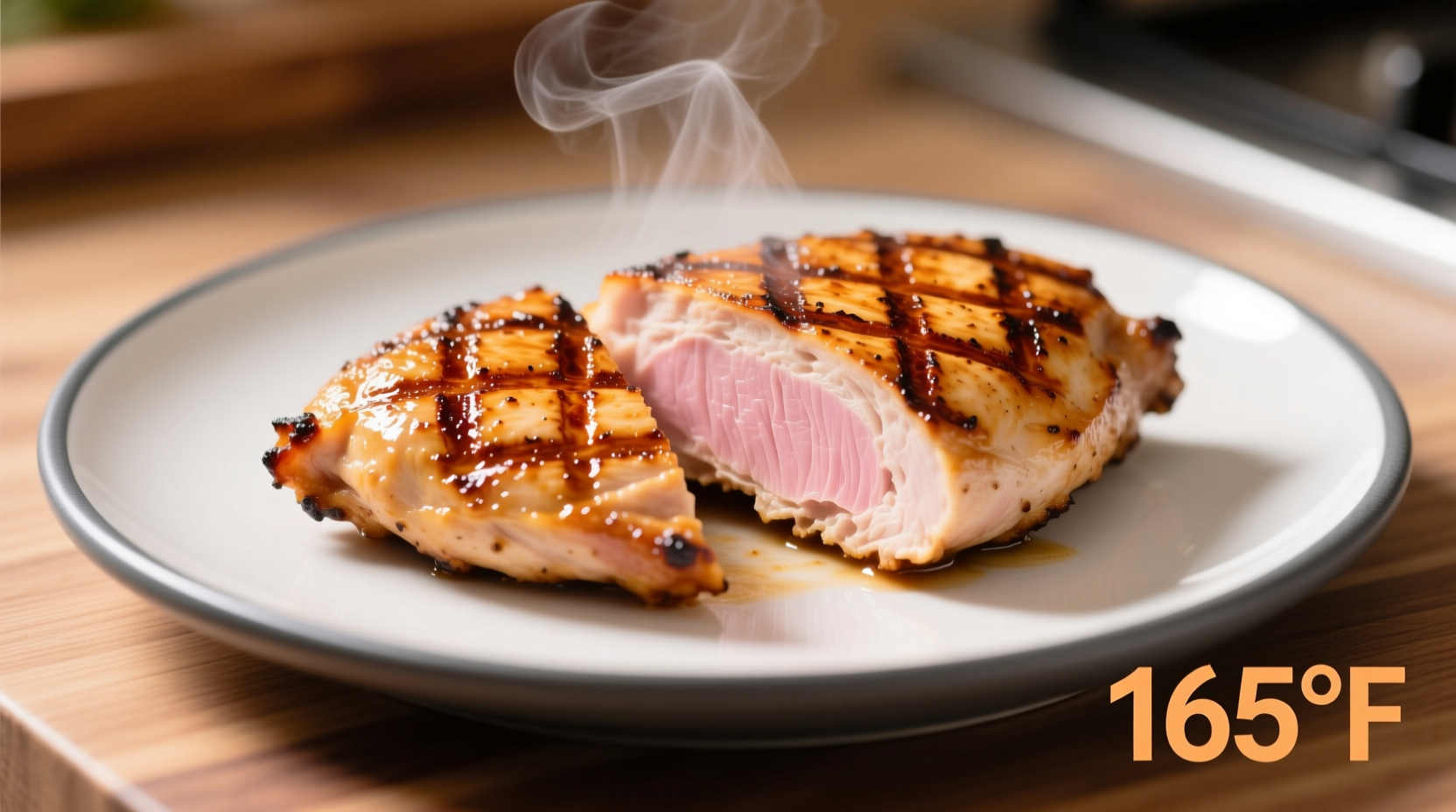Perfectly grilled chicken breast showing internal temperature of 165 degrees