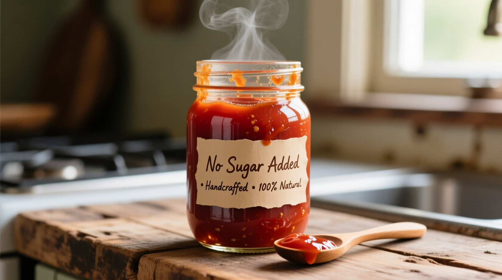 Homemade no sugar tomato ketchup in glass bottle