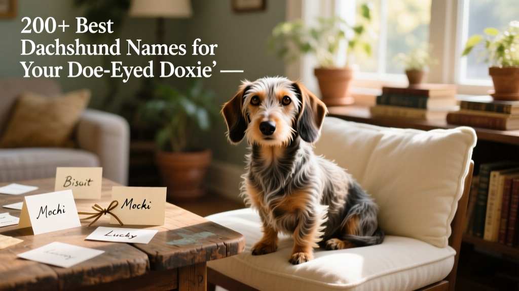 A wire-haired Dachshund sitting calmly on a cushioned seat beside a wooden table