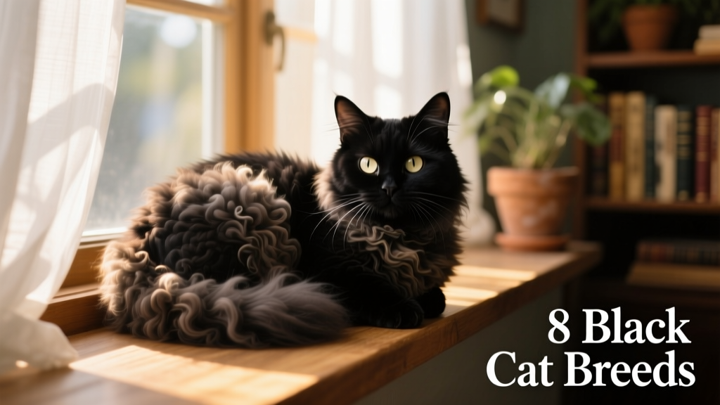 A black Selkirk Rex curled up on a sunlit windowsill, showing off its voluminous, curly coat and round, friendly face