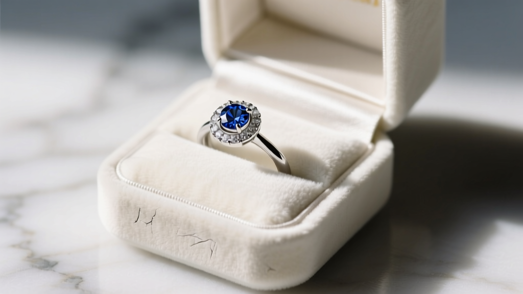 A luxurious open velvet ring box revealing a custom platinum halo engagement ring with a hidden sapphire accent on the gallery
