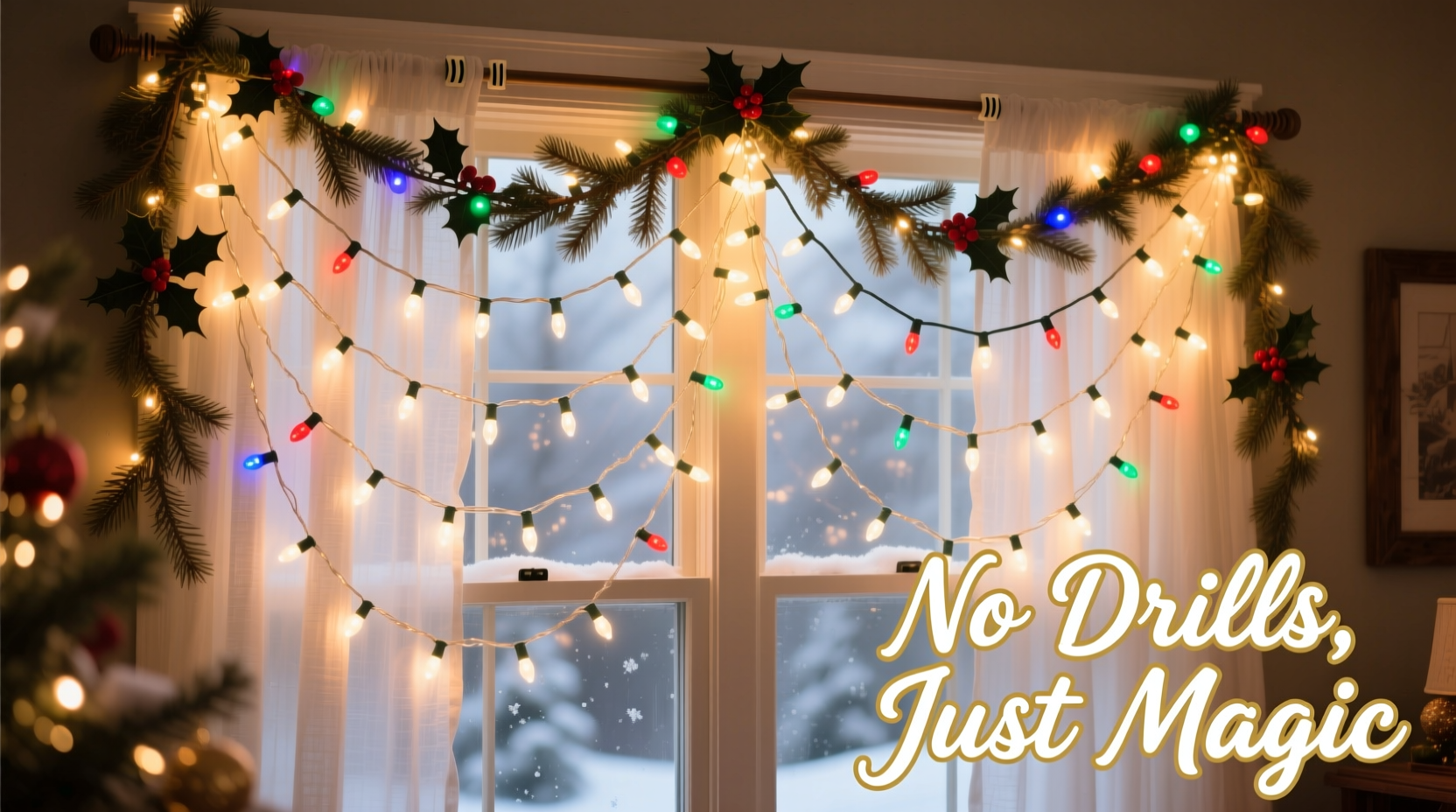 how to make a christmas light curtain for windows without drilling