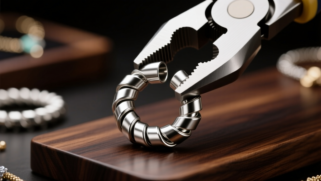 Macro shot of silver micro-crimp tubes compressed into a U-shape using specialized crimping pliers on a dark wood jewelry bench.