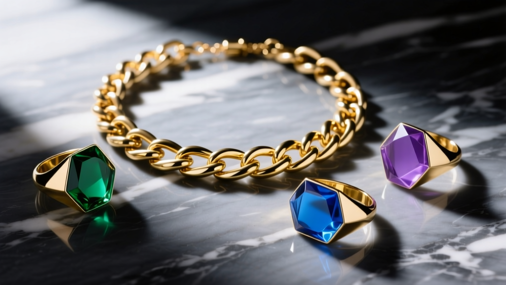 Flat lay of chunky gold-plated brass chain necklaces and oversized resin cocktail rings on dark marble, bright studio lighting.