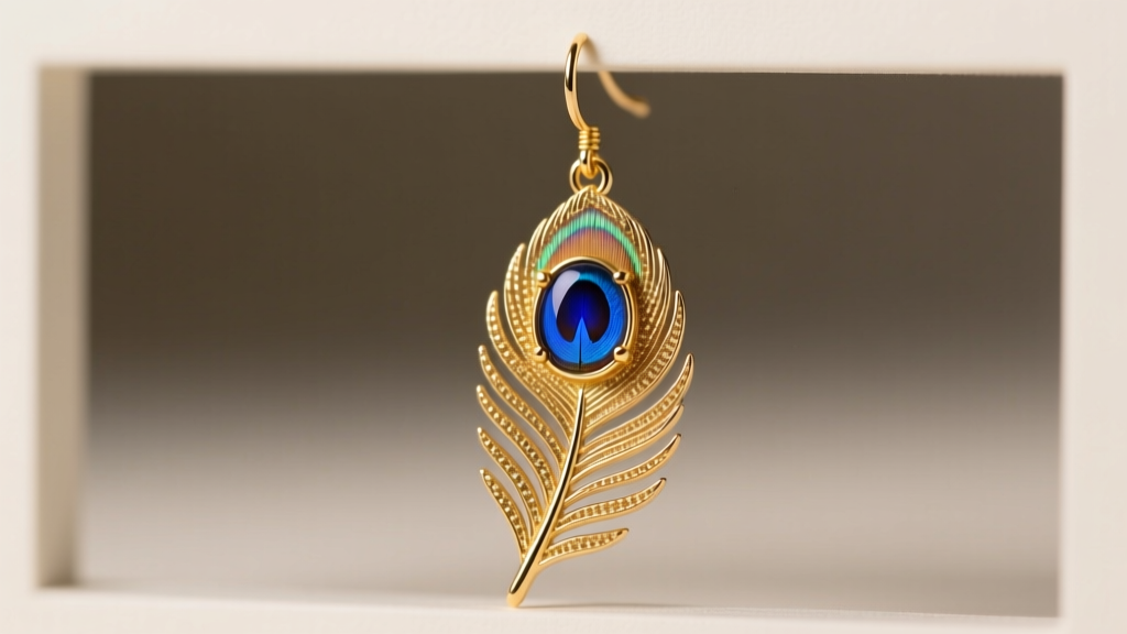 Macro shot of a 14k gold peacock feather drop earring showing granulation texture and a bezel-set natural lapis lazuli stone.