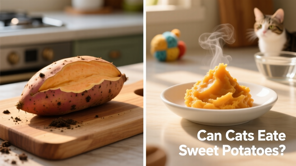 Side-by-side comparison: left shows a raw, unpeeled sweet potato; right shows a small portion of cooled, mashed sweet potato in a shallow dish—highlighting safe vs. unsafe preparation