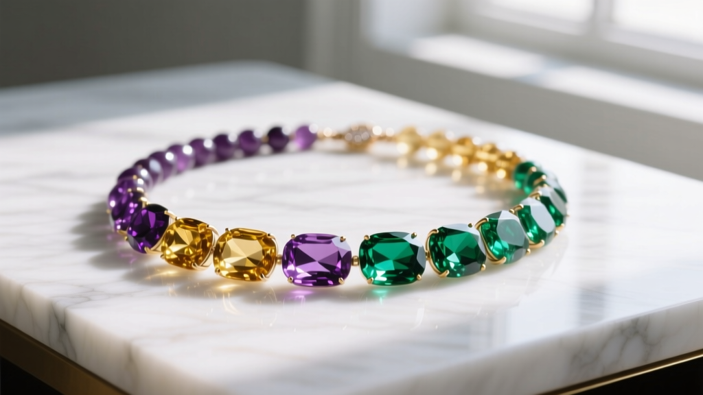Vibrant multi color gemstone necklace featuring amethyst, citrine, and peridot beads on white marble under soft natural lighting