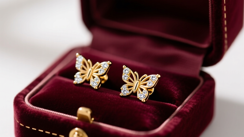 Open velvet box revealing 18k gold diamond stud earrings with detailed butterfly closure backs in soft light