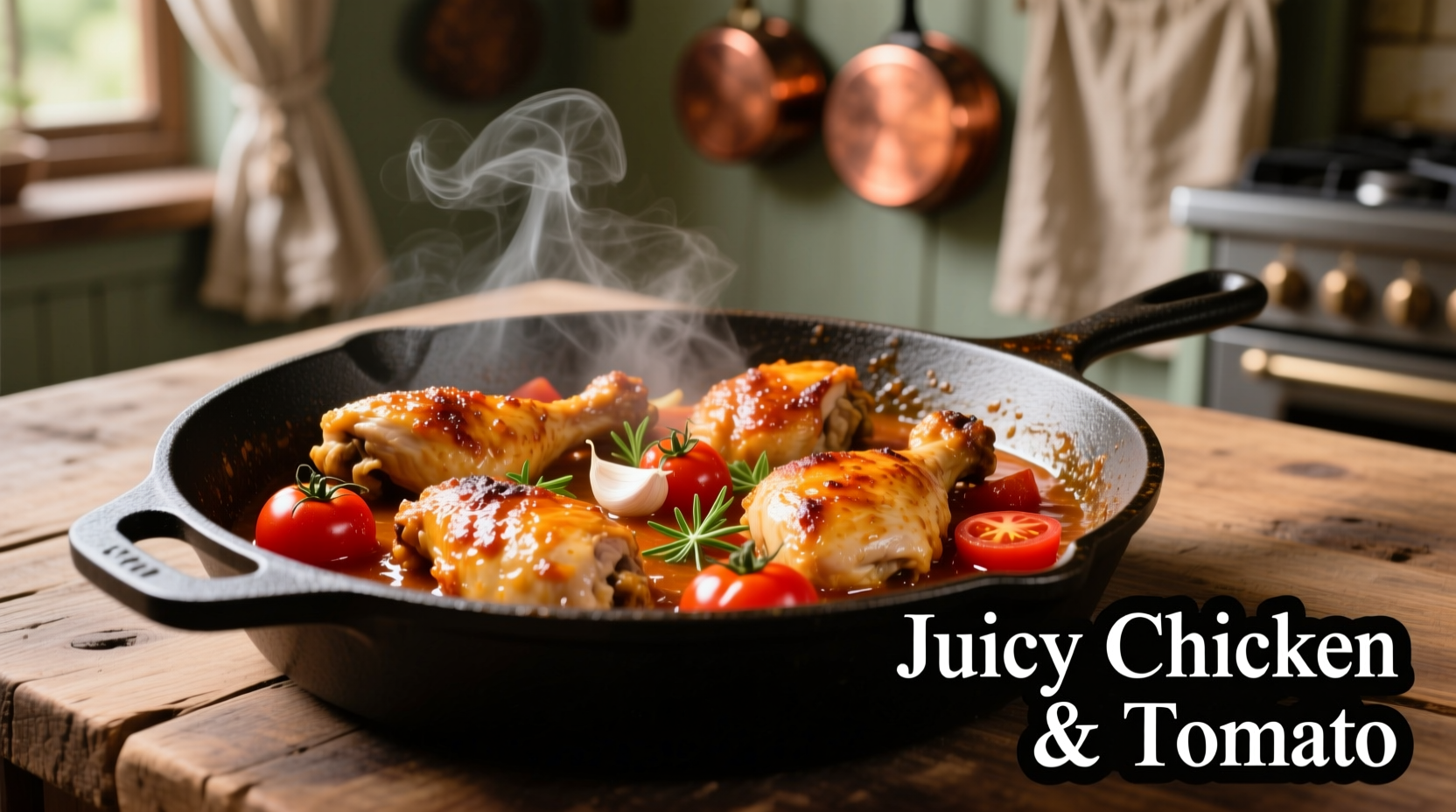 Juicy chicken tomato dish in cast iron skillet