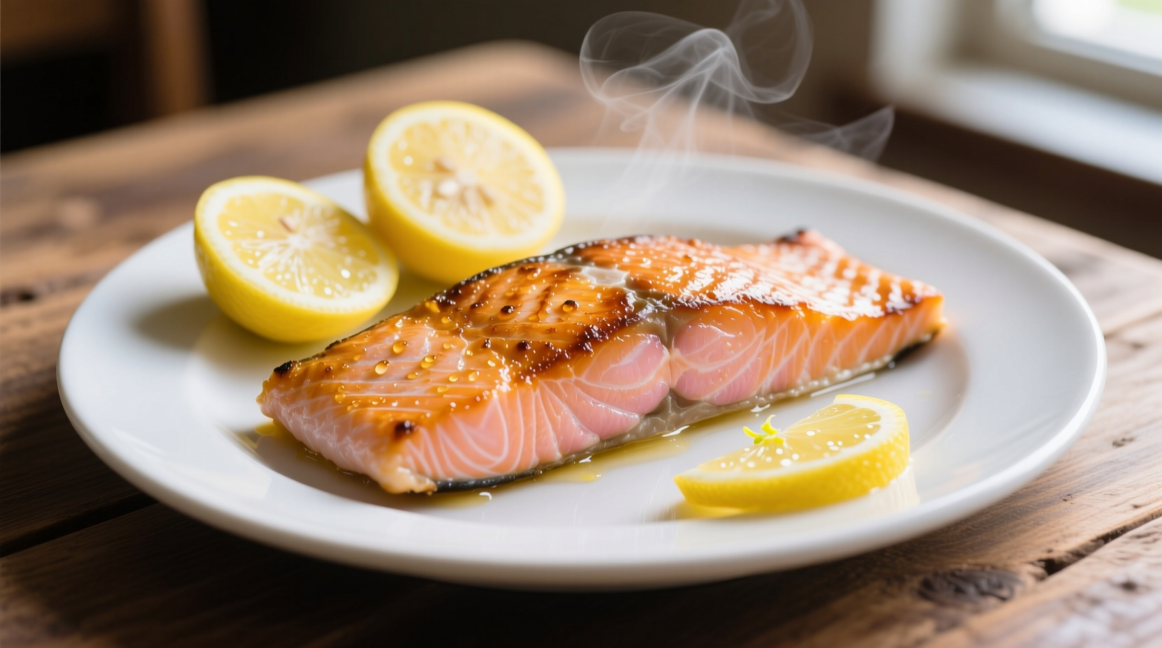 Perfectly cooked oven-baked salmon fillet with lemon slices
