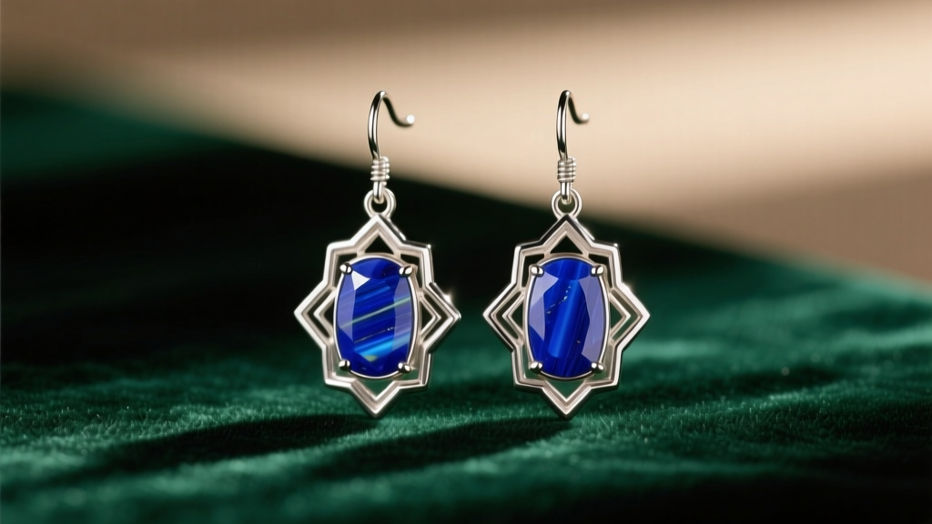 Macro shot of Art Deco lapis lazuli and sterling silver drop earrings on dark emerald velvet under soft warm directional lighting