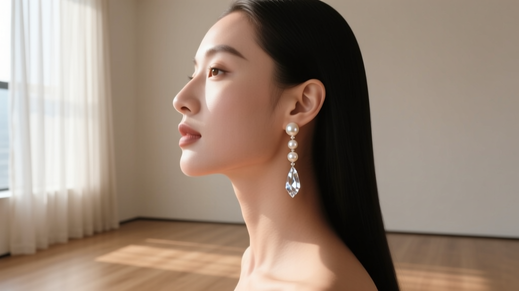 Side profile of a woman wearing long slender pearl and crystal drop earrings elongating her jawline in soft natural window light.