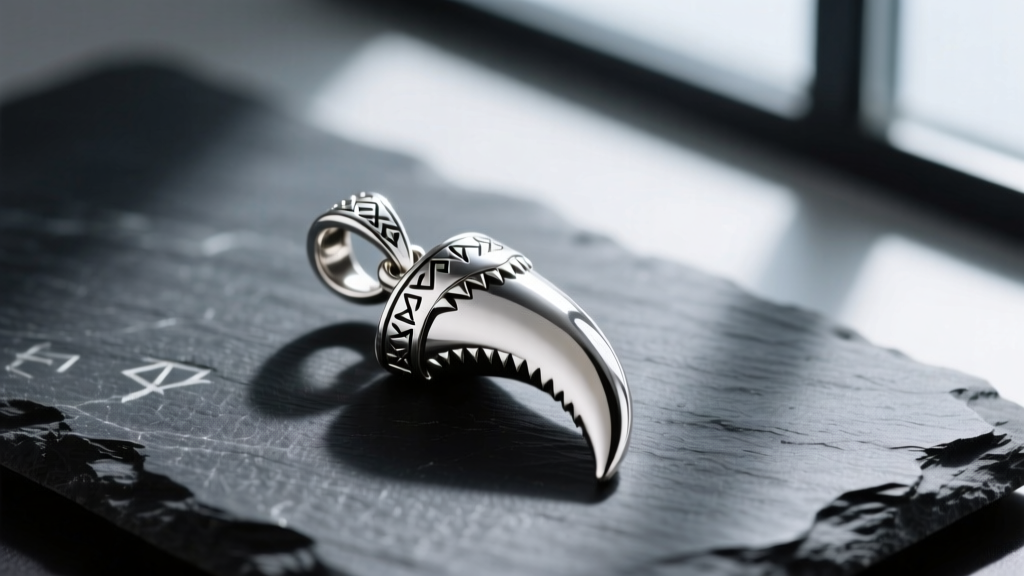 Macro shot of a sterling silver shark tooth pendant on dark slate, side-lit to highlight engraved runes and polished edges.