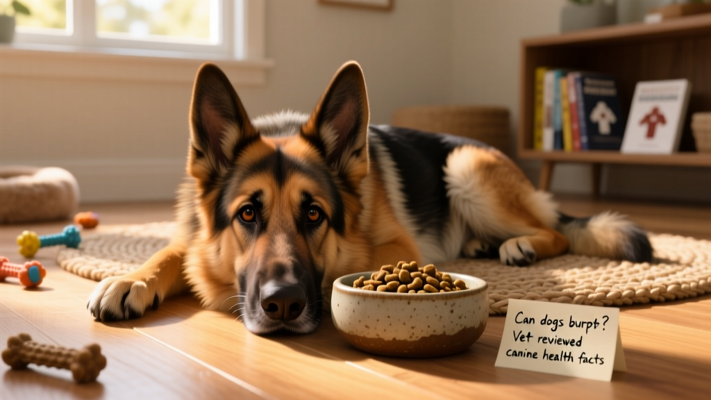 German Shepherd dog lying next to a bowl of kibbles