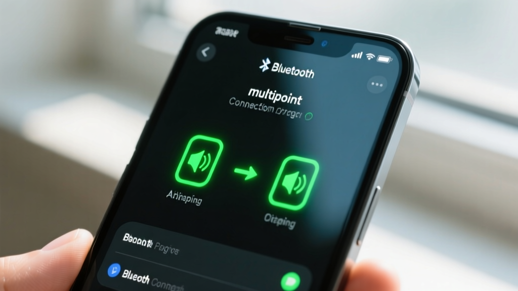 Close-up of a smartphone screen displaying Bluetooth multipoint connection settings with two paired audio devices highlighted in green.